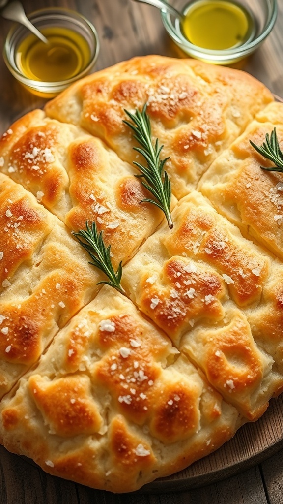 Golden brown focaccia bread topped with rosemary and sea salt, served with olive oil on a wooden table.